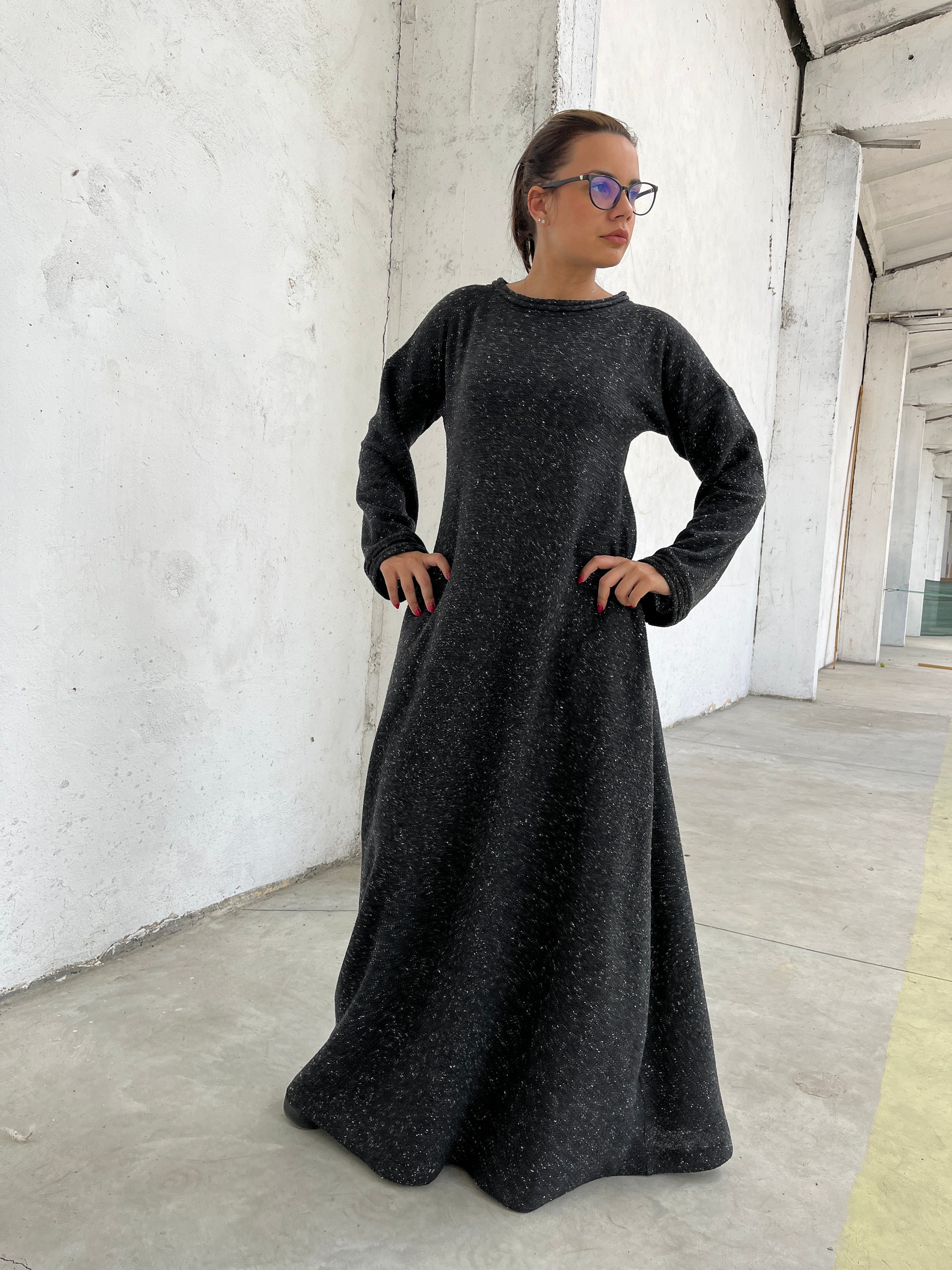 Wool Maxi Sweater Dress with Long Sleeves, Minimalist Long Warm Winter Dress in Graphite Gray, Wide Sleeve Comfy Dress in Sizes XS-4XL