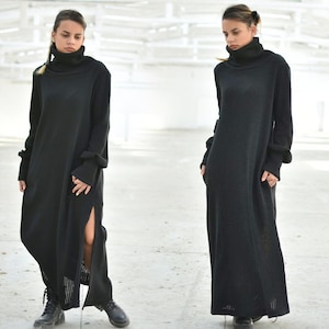Black Wool Dress, Turtleneck Dress, Long Sleeve Dress, Warm Dress, Gothic Dress, Ribbed Maxi Dress, Plus Size Dress, Winter Sweater Dress
