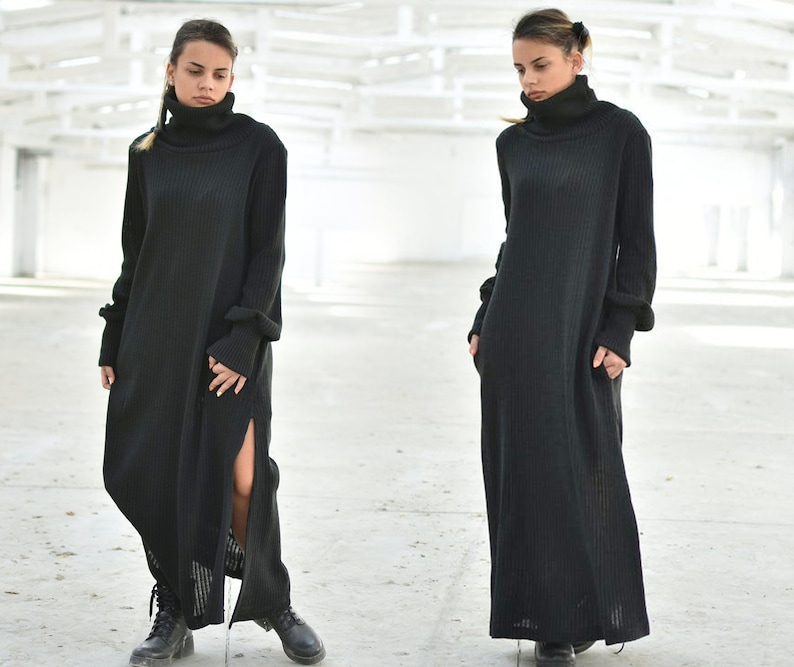 Black Wool Knit Turtleneck Sweater Dress main image 1