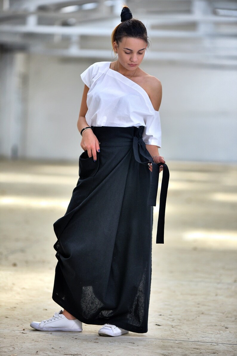 Black Linen High Waist Wrap Skirt, Long Loose Summer Maxi Skirt for Women, Steampunk Paper Bag Skirt With Slit, Sizes XS-2XL image 2