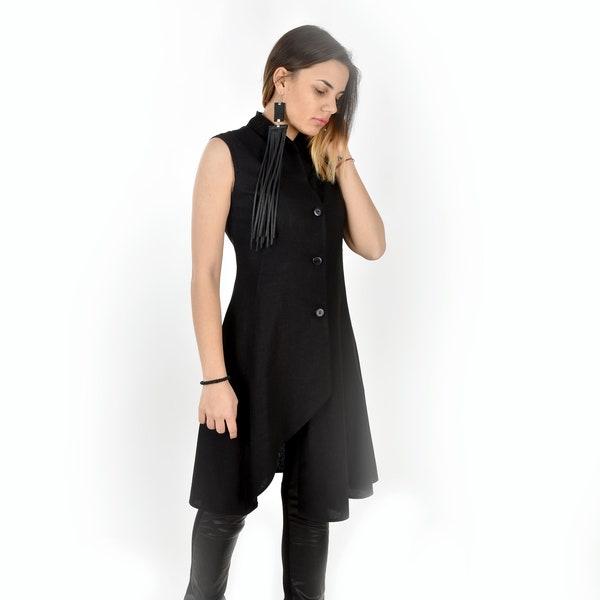 Haut en lin noir, gilet long, chemise sans manches d'été, vêtements en lin, gilet Dark Academia, gilet taille plus, haut surdimensionné, haut tunique sans manches