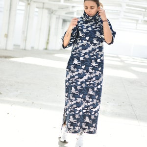 Blue Camouflage Dress, Avant Garde Clothing, High Neck Dress, Plus Size Clothing, Pocket Dress, Urban Clothing, Streetwear Dress, Maternity image 3