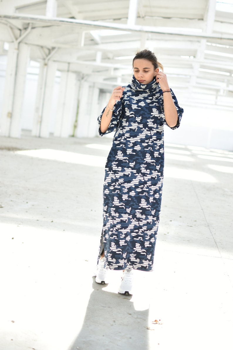 Blue Camouflage Dress, Avant Garde Clothing, High Neck Dress, Plus Size Clothing, Pocket Dress, Urban Clothing, Streetwear Dress, Maternity image 3