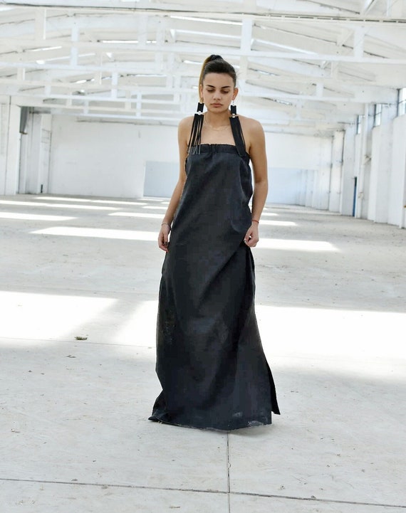 Black Linen Strapless Dress, Summer Vacation Dress, Loose Maxi