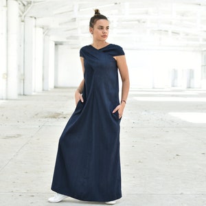 Navy Blue Linen Maxi Dress, Wedding Guest Dress, Plus Size Linen, Elegant Summer Dress, Linen Long Kaftan Dress, Criss Cross Dress, Indigo image 4