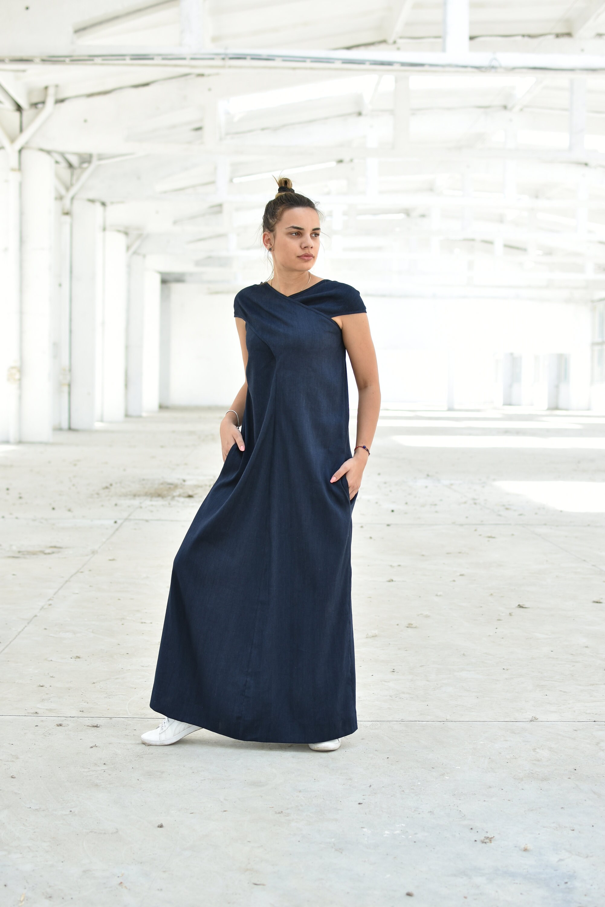 blue linen maxi dress Linen Maxi Dress with Puff Sleeves - Linen Wrap Dress in Navy - Summer Plus Size Dress main image 1