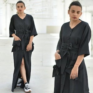 Kimono Linen Maxi Dress, Cardigan Dress with Belt, Black Summer Dress, Split Dress Women, Extravagant Button Down Dress, Plus Size Clothing