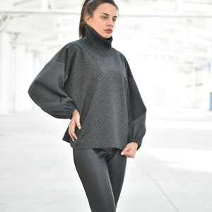 Grey Turtleneck Wool Sweater, Wide Sleeves Sweater, Leopard Print Pullover, Winter Knit Blouse, Women Warm Sweater, Long Sleeves Top image 3