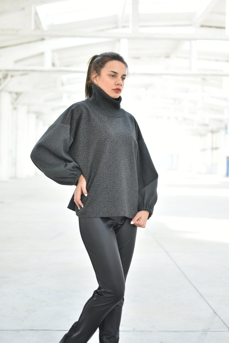 Grey Turtleneck Wool Sweater, Wide Sleeves Sweater, Leopard Print Pullover, Winter Knit Blouse, Women Warm Sweater, Long Sleeves Top image 3