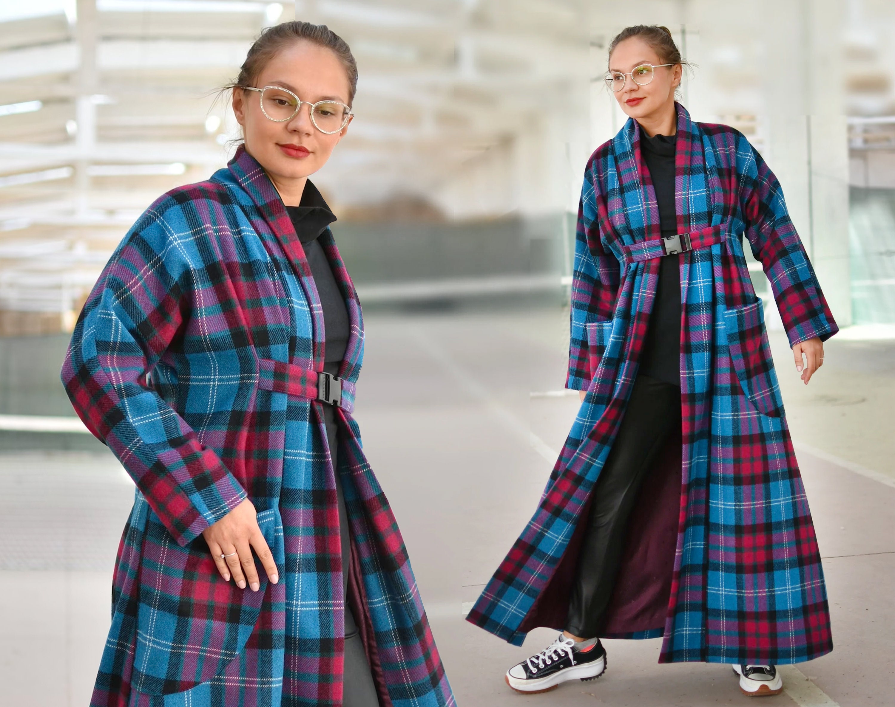 Colorful Plaid Coat, Merino Wool Coat, Long Blue & Pink Shacket