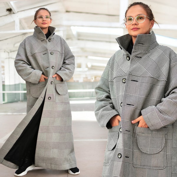 Plaid Wool Maxi Coat, Long Oversized Coat, Winter Overcoat, High Collar Coat, Plus Size Clothing, Avant Garde Clothing, Elegant Coat