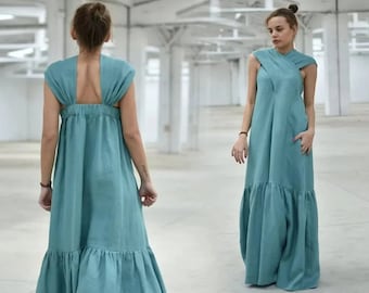 Maxi abito di lino, abito da ospite di nozze, abito Kaftan estivo, abbigliamento di lino per le donne, abito a più livelli, abito di lino turchese, abito lungo sciolto