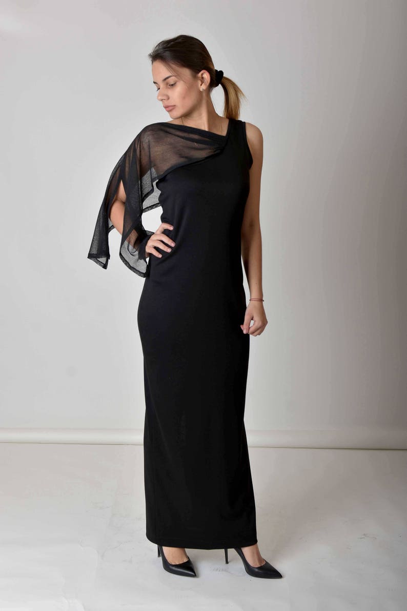 Elegant Evening Maxi Slit Dress, Black Long Dress, Plus Size Dress, Formal One Shoulder Dress, Tulle Cocktail Dress, Wedding Guest Dress image 4