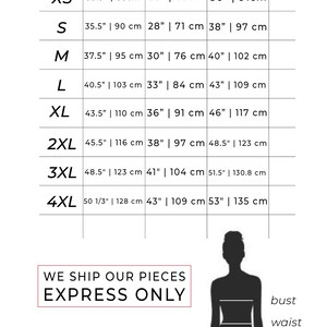 May include: Size chart for clothing with measurements in inches and centimetres. The chart shows bust, waist, and hip measurements for sizes XS to 4XL. The chart also includes a silhouette of a person with labels for bust, waist, and hips.