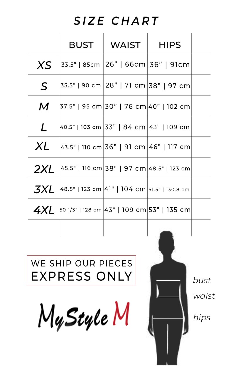 May include: Size chart for clothing with measurements in inches and centimetres. The chart shows bust, waist, and hip measurements for sizes XS to 4XL. The chart also includes a silhouette of a person with labels for bust, waist, and hips.