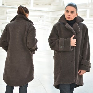 Brown Teddy Coat, Winter Fleece Coat With Pockets, Warm Аstrakhan Coat, Wool Plus Size Coat, Cozy Coat For Women, Fuzzy Coat
