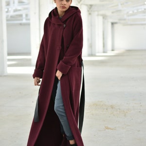 Hooded Maxi Cardigan Coat, Burgundy Merino Wool Cardigan, Extra Long Winter Cardigan Coat, Plus Size Clothing, Wine Red Belted Coat image 7