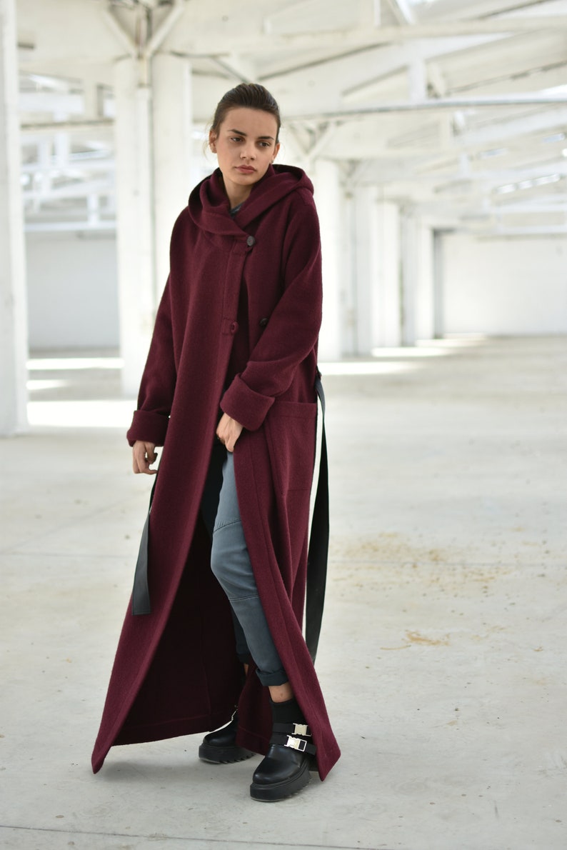 Hooded Maxi Cardigan Coat, Burgundy Merino Wool Cardigan, Extra Long Winter Cardigan Coat, Plus Size Clothing, Wine Red Belted Coat image 7