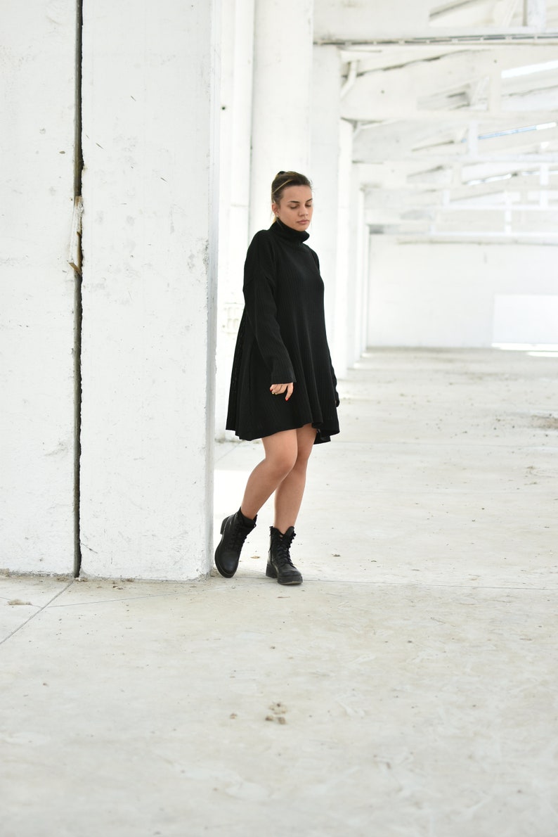 Black Winter Sweater Dress, Wool Turtleneck Dress, Asymmetrical Dress, Oversize Sweater Dress, Wool Clothing, Loose Avant Garde Dress image 4