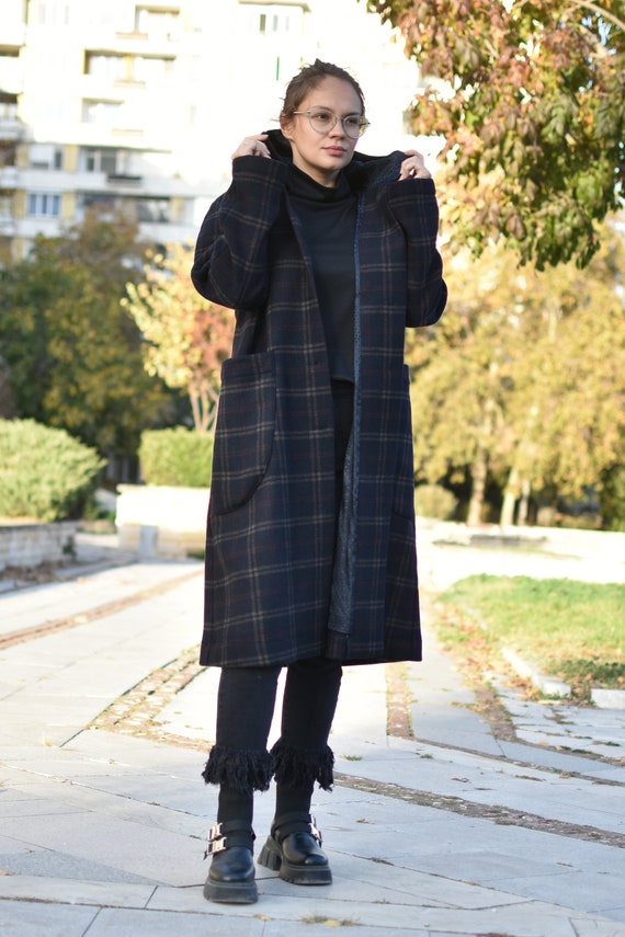 Plaid Warm Winter Coat Hooded Wool Coat Plus Size Clothing Check Overcoat Comfortable Everyday Coat Elegant Midi Wool Jacket Etsy