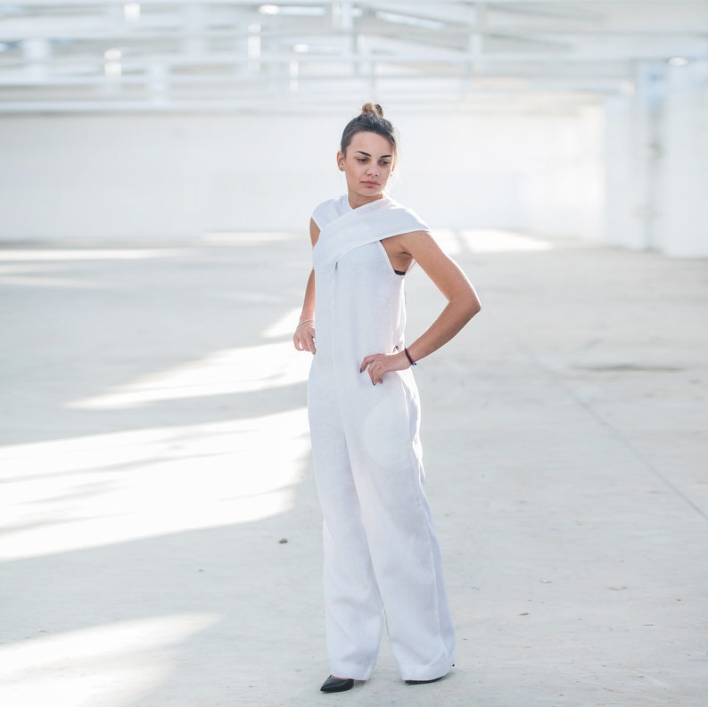 White Linen Jumpsuit Open Back Jumpsuit Linen Overall Etsy