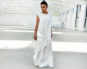 White Linen Maxi Dress for Summer, Sleeveless Extravagant Dress with Pockets, Long Loose Fit Oversize Minimalist Gown Women, XS-4XL Sizes