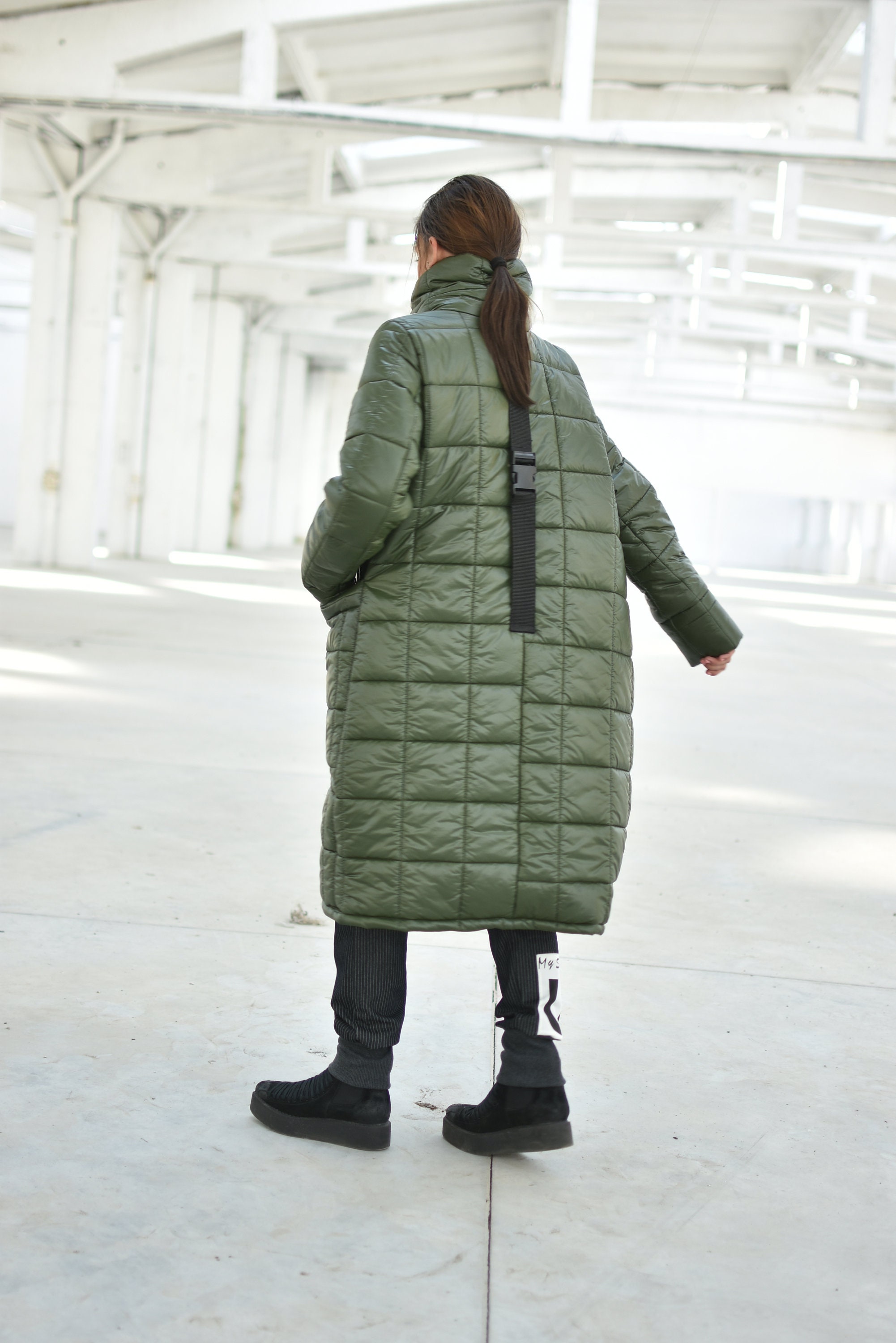 Green Puffer Jacket Long Quilted Coat Oversized High Neck - Etsy Denmark