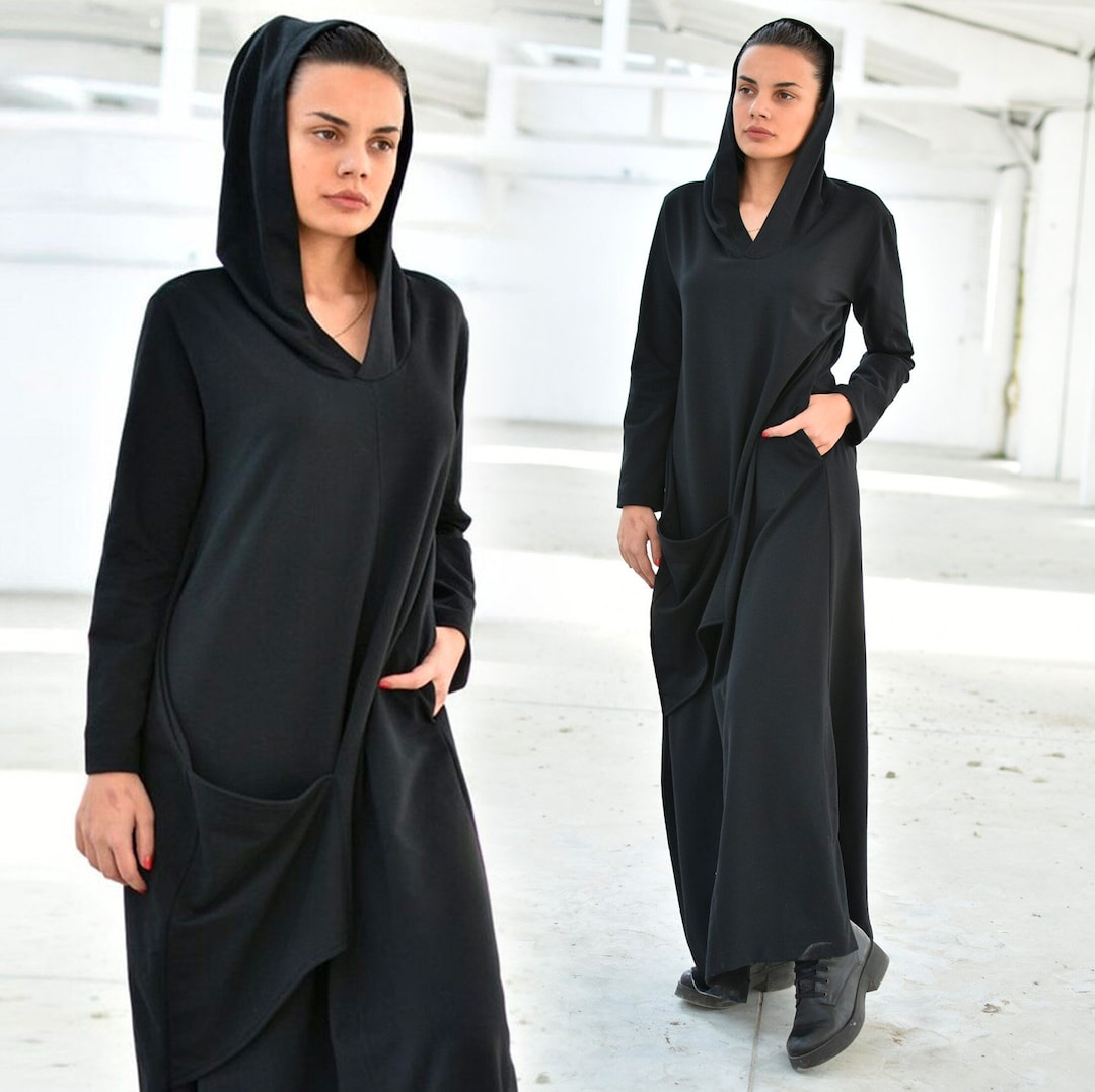 Black Winter Dress, Hooded Maxi Dress, Avant Garde Clothing, Black ...