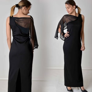 Elegant Evening Maxi Slit Dress, Black Long Dress, Plus Size Dress, Formal One Shoulder Dress, Tulle Cocktail Dress, Wedding Guest Dress image 1