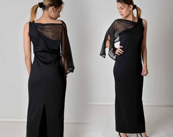 Elegantes Abend Maxi Kleid, Schwarzes langes Kleid, Plus Size Kleid, formelles Kleid mit Schulter, Tüll Cocktailkleid, Hochzeitsgästekleid