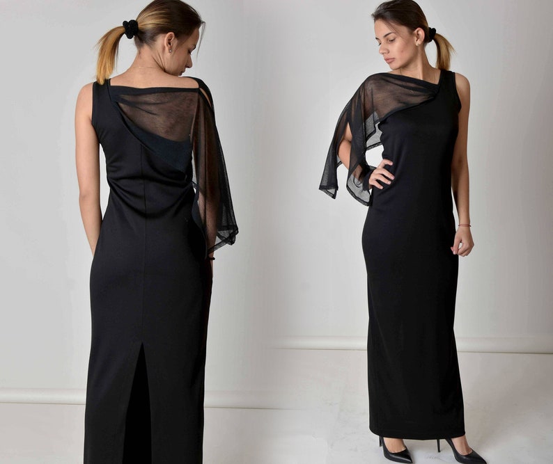 Elegant Evening Maxi Slit Dress, Black Long Dress, Plus Size Dress, Formal One Shoulder Dress, Tulle Cocktail Dress, Wedding Guest Dress image 1