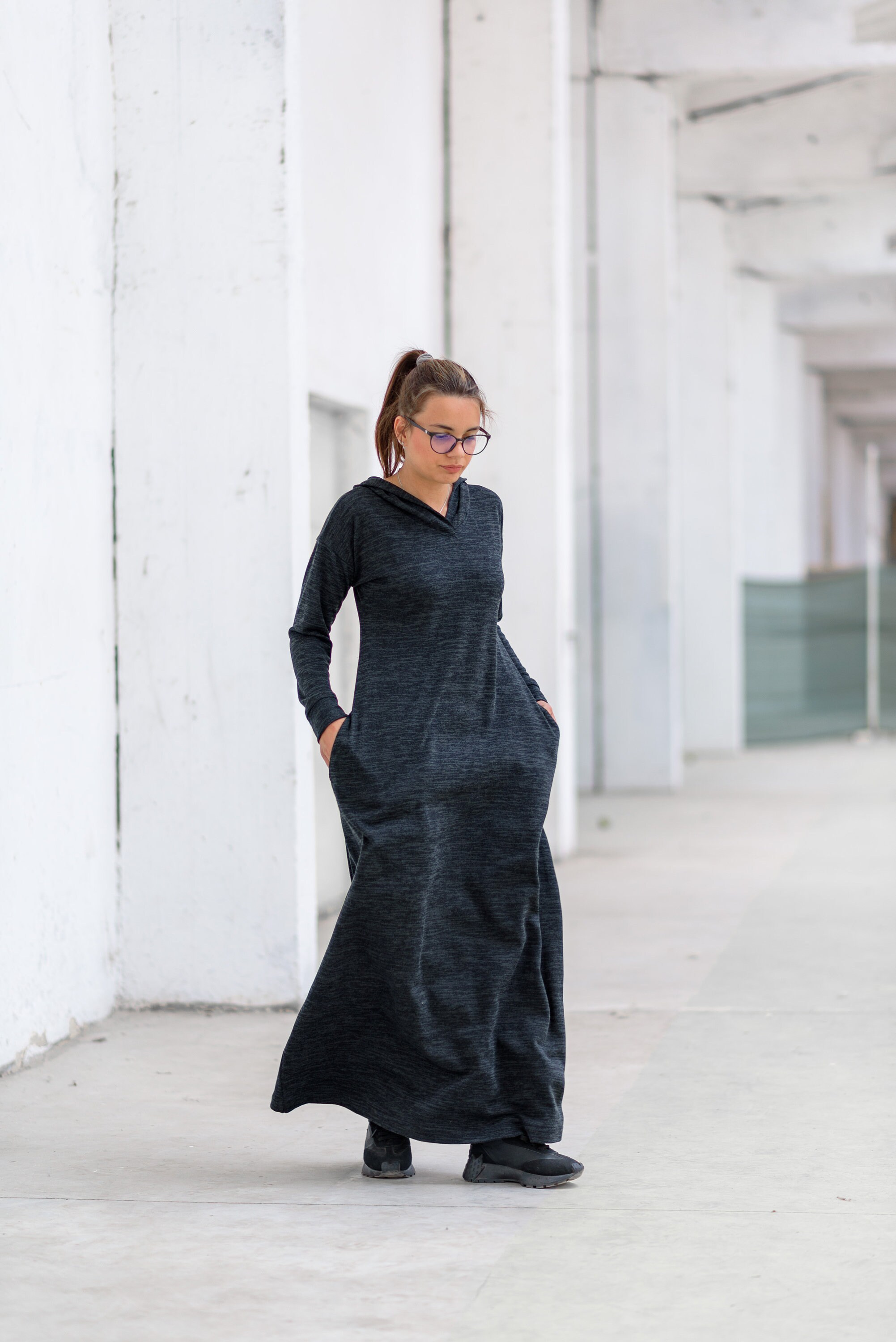 Hooded Wool Winter Dress, Loose Maxi Sweater Dress, Warm Comfy Dress, Dark Blue Plus Size Dress, Long Flare Dress Women