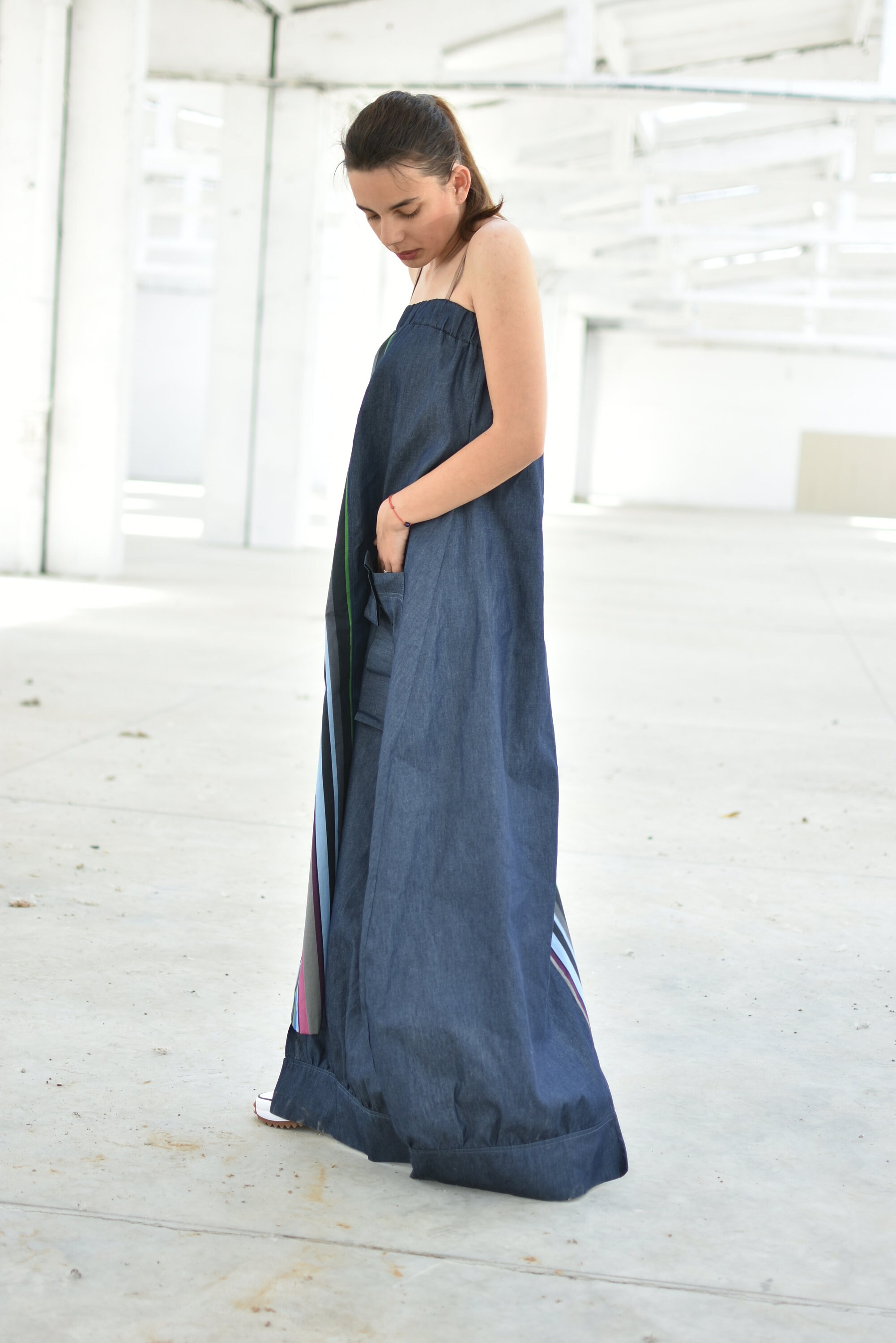 knee length dresses for ladies Medium Wash Strapless Denim Maxi Dress