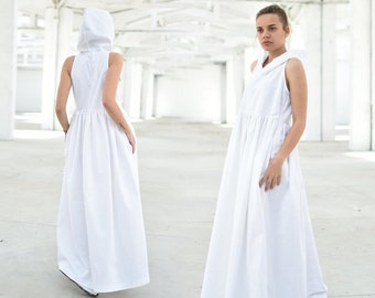 White Hooded Summer Dress, Linen Clothing For Women, Plus Size Clothing, Linen Kaftan Maxi Dress, Minimalist Sun Dress, Comfy Dress