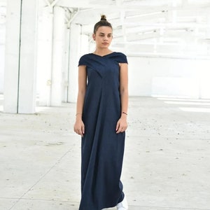 Navy Blue Linen Maxi Dress, Wedding Guest Dress, Plus Size Linen, Elegant Summer Dress, Linen Long Kaftan Dress, Criss Cross Dress, Indigo image 1