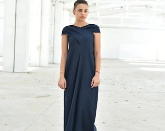 Robe Maxi en lin bleu marine, robe d'invité de mariage, lin grande taille, robe d'été élégante, robe caftan longue en lin, robe Criss Cross, Indigo