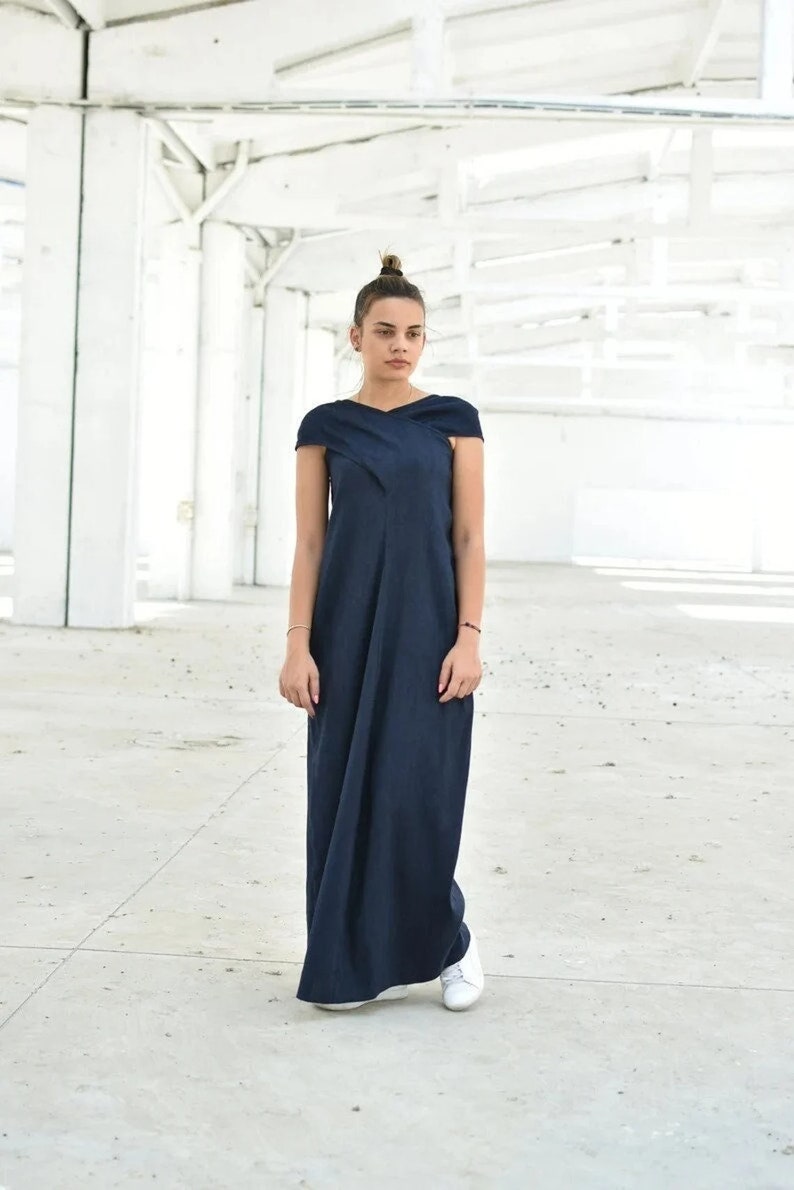 Navy Blue Linen Maxi Dress, Wedding Guest Dress, Plus Size Linen, Elegant Summer Dress, Linen Long Kaftan Dress, Criss Cross Dress, Indigo image 1