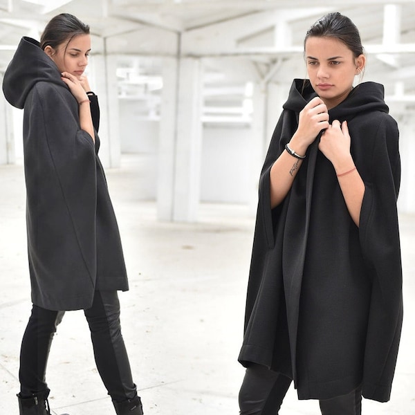 Manteau cape à capuchon noir pour femmes, manteau poncho élégant en laine, manteau Steampunk, pardessus formel pour femmes, veste cape chaude, manteau court pour femmes