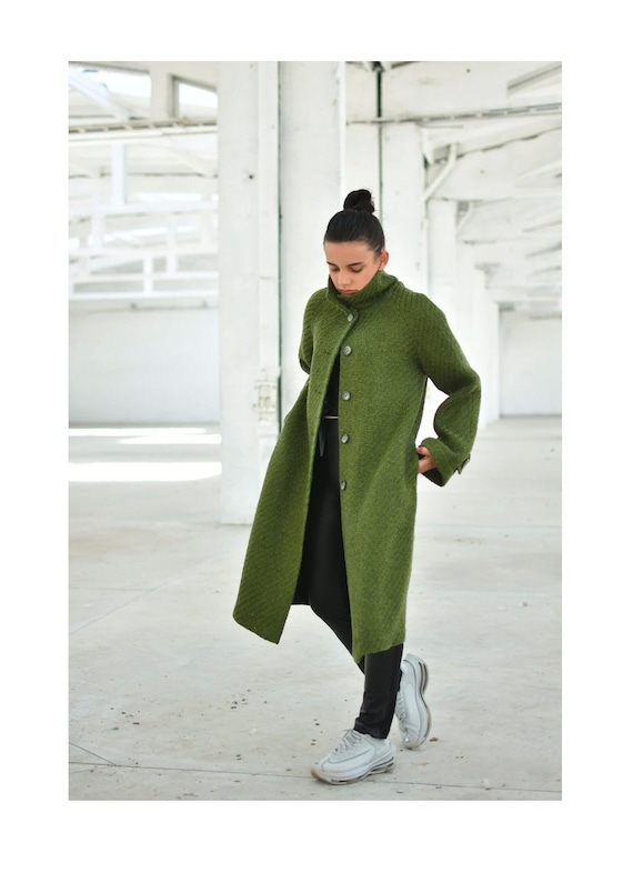 Green Wool Coat, Winter Woman Coat, High Neck Coat, Plus Size Outerwear,  Oversized Coat, Loose Overcoat, Raglan Sleeves Coat, Buttons -  Canada