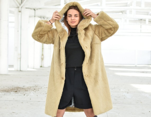 Beige Teddy Coat, Hooded Fuzzy Coat, Winter Coat, Fleece Coat