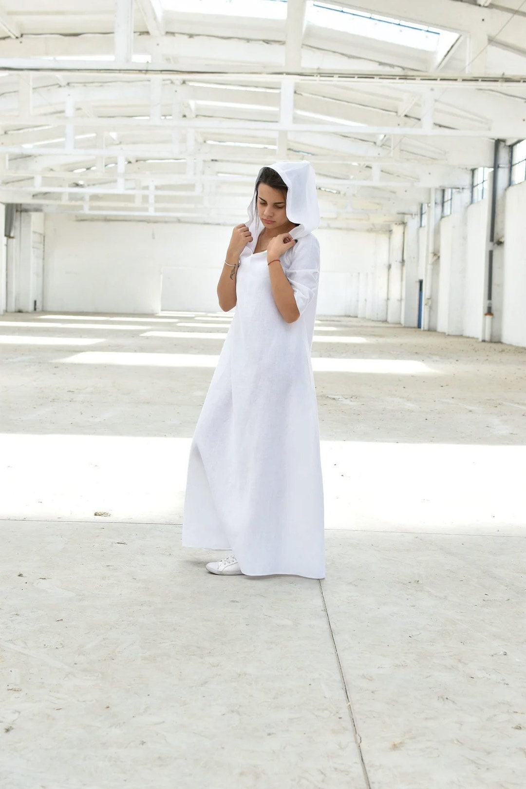 スカート Off-White Long hooded dress Women Maxi Dress, Loose Hooded Dress, Spring Kaftan Dress