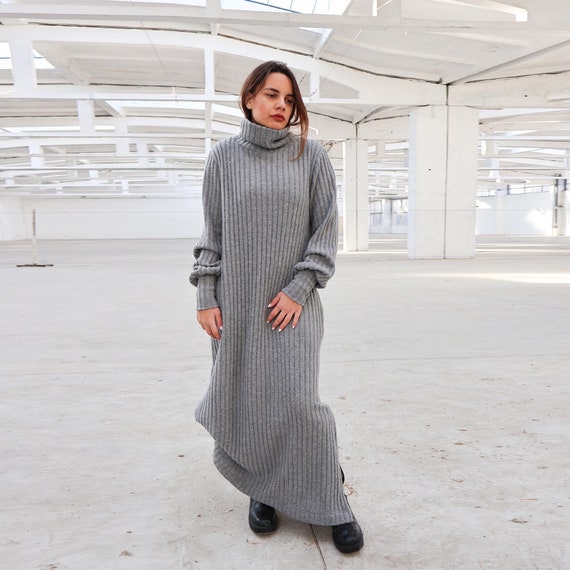 Wool Winter Maxi Dress, Turtleneck Sweater Dress, Gray Rib Dress, Loose Dress, Long Knit Dress with Slit, Plus Size Clothing, Warm Dress