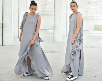 Extravagant Gray Linen Dress with Ties, Versatile Apron Dress, Futuristic Dress, Avant Garde Plus Size Dress, Summer Oversized Dress