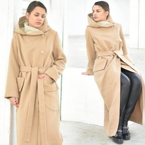 Long Hooded Coat, Beige Maxi Coat with Pockets, Warm Winter Coat, Plus Size Clothing, Belted Minimalist Coat for Women, Ankle Length Coat