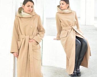 Langer Kapuzenmantel, Beige Maxi Mantel mit Taschen, Warmer Wintermantel, Plus Size Kleidung, Gürtel minimalistischer Mantel für Frauen, Knöchellanger Mantel