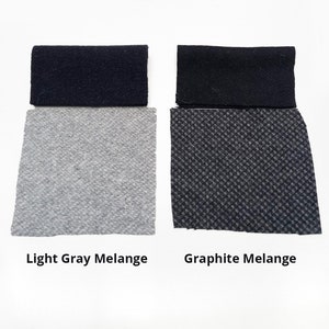 May include: Two fabric swatches, one light gray melange and one graphite melange.
