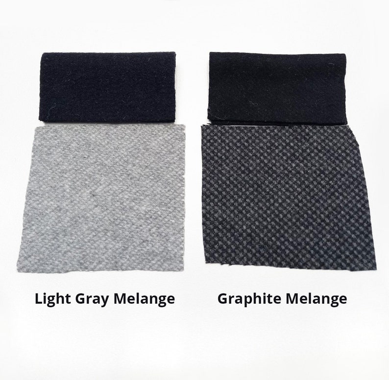 May include: Two fabric swatches, one light gray melange and one graphite melange.