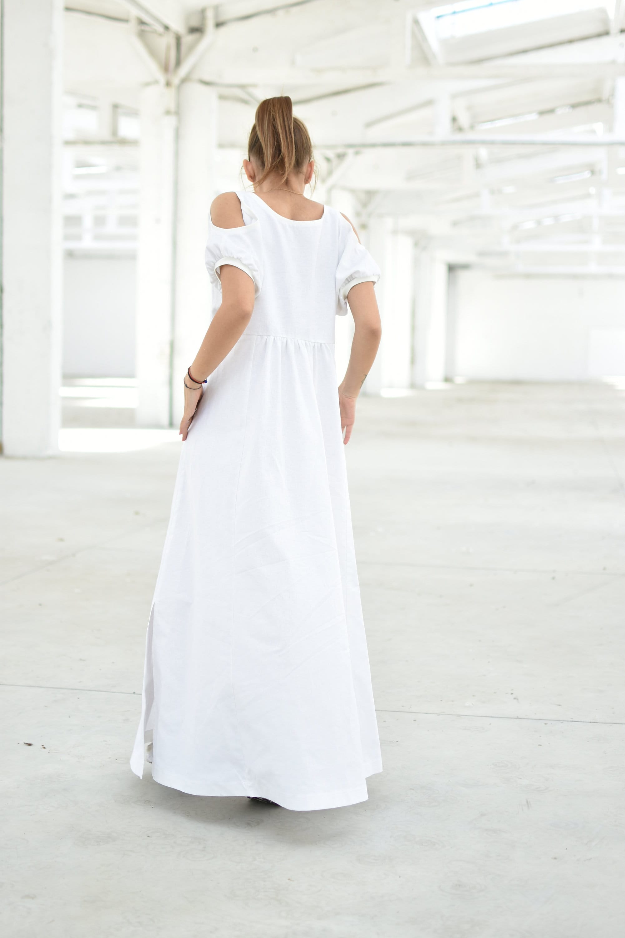 white flowy dress with sleeves Women's Crinkle Satin Button Down Shift Not Fitted White Linen Flowy Maxi Dress