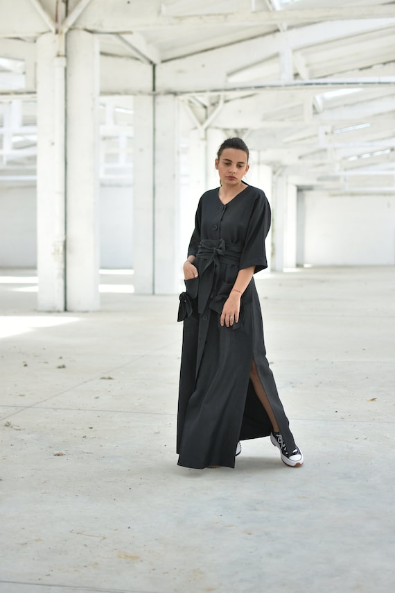 black maxi dress with kimono Black Linen Maxi Dress With Belt, Japanese Inspired Kimono Style Button  Down Gown, Summer Extravagant Cardigan Dress With Pockets, XS-4XL