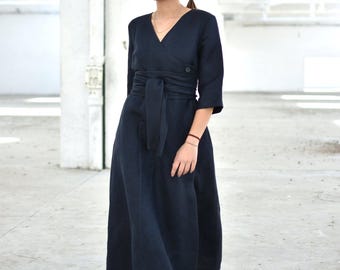 Navy Linen Wrap Dress with Obi Belt and Long Sleeves, Elegant Long Japanese Inspired Maxi Dress, Modest Prairie Peasant Dress, Plus Sizes